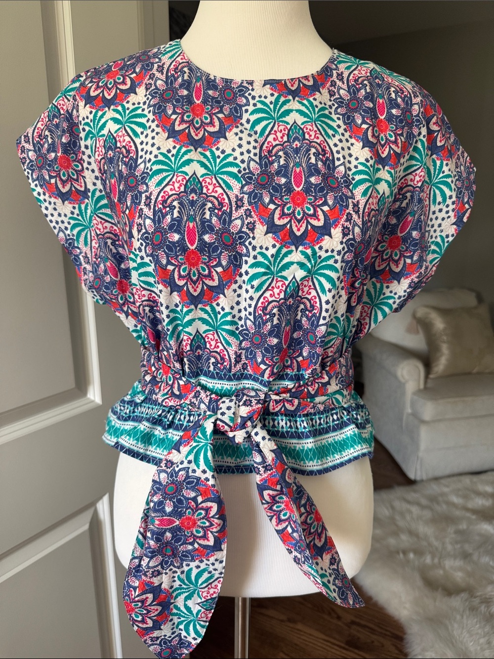 Cara Cara Floral Tie-Front Crop Top in Navy, Teal & Pink